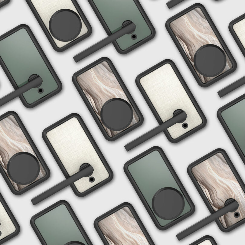 A seamless pattern of smartphones with various textured backs and attached black circular Pin & Tumbler Schlage accessories, arranged diagonally on a light background.