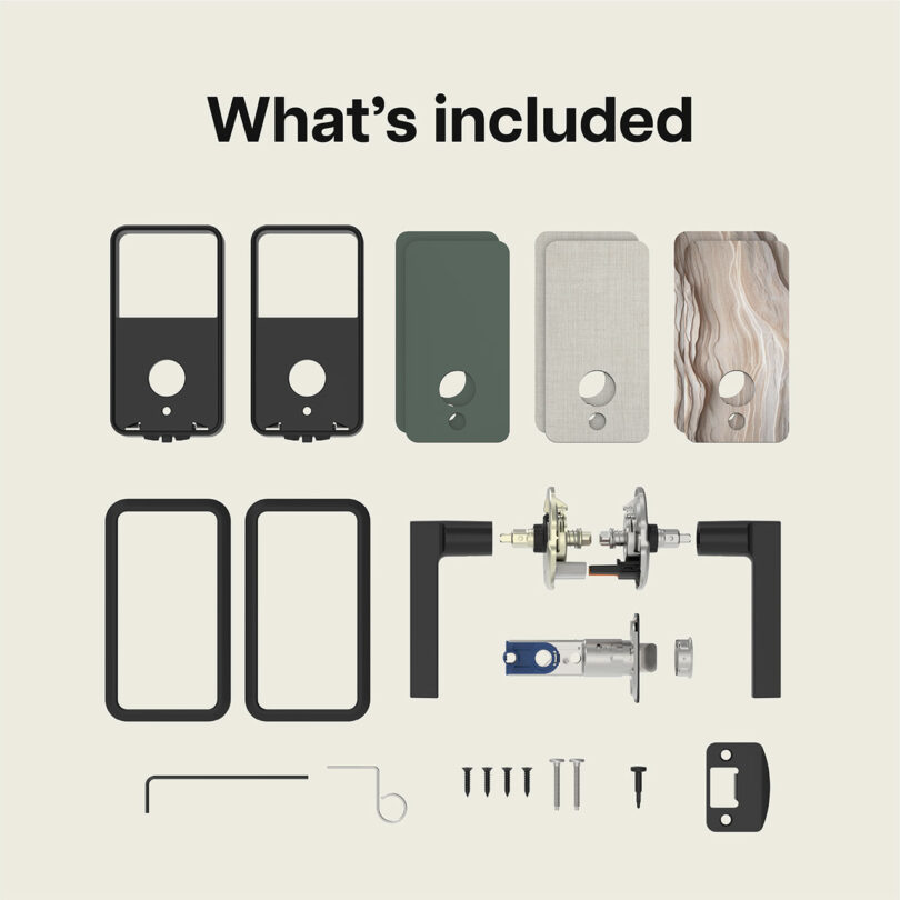 Laid out components of a Pin & Tumbler Schlage door lock set, including handles, faceplates, covers, internal mechanisms, screws, a mounting plate, and an Allen wrench, under the text "What's included.
