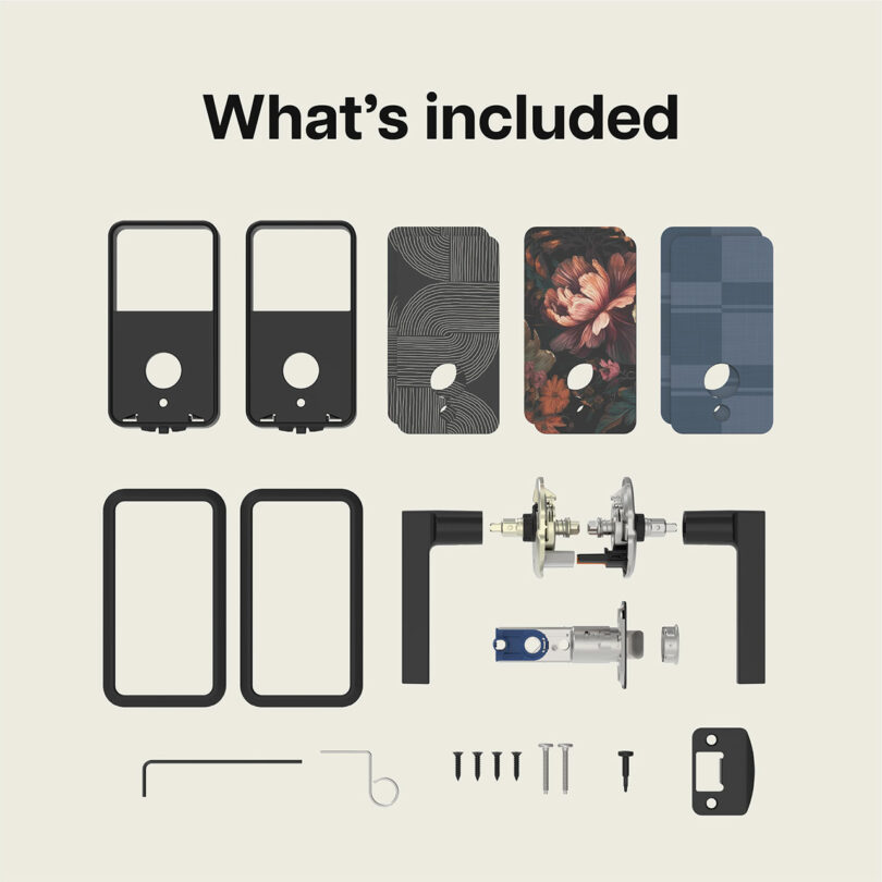 A Pin & Tumbler Schlage door lock set with handles, faceplates, decorative covers, screws, latch, strike plate, hex key, and installation tools is arranged on a light background.