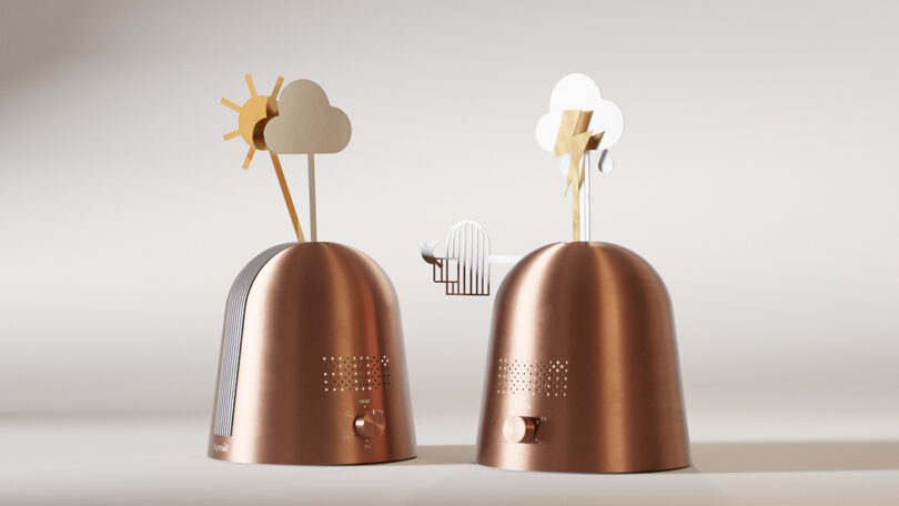 Two copper-colored dome-shaped devices with knobs, each topped with weather icons: one with a sun and cloud, the other with a cloud, rain, and lightning.