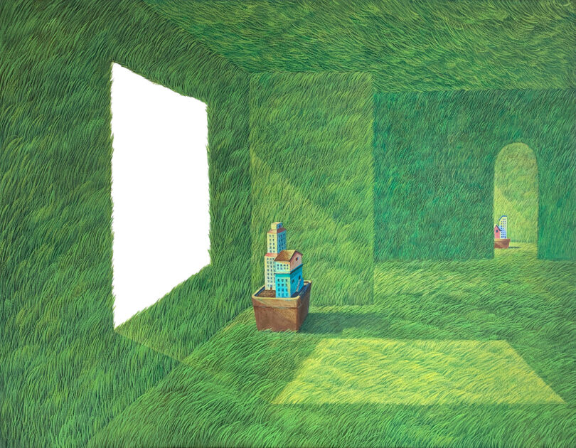A room with grass-covered walls, floor, and ceiling, a large square window, and two pots—each cradling miniature buildings—placed inside the grassy interior.