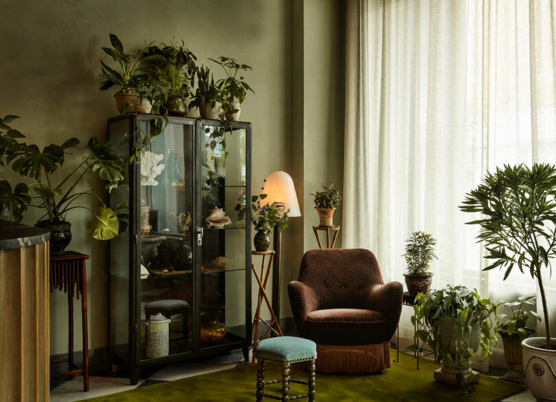 A cozy room with a brown armchair, small stool, glass cabinet, various potted plants, a side table with a lamp, and large window with sheer curtains.