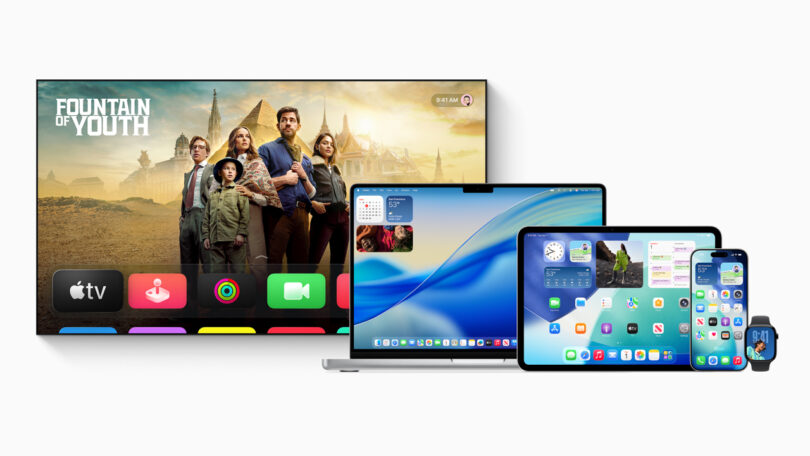 Four Apple devices—a TV displaying "Fountain of Youth," a MacBook, an iPad, an iPhone, and an Apple Watch—showing various app screens, arranged in a row.