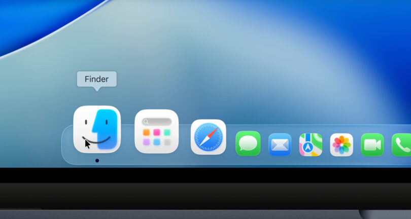 A close-up of a Mac computer screen showing the Dock with Finder, Calendar, Safari, Messages, Mail, Maps, FaceTime, and other app icons.