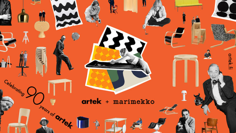 Collage of black-and-white figures, modern furniture, and patterns on an orange background featuring “artek + marimekko” and “Celebrating 90 years of Artek Marimekko.”.