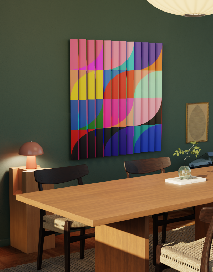 A modern dining room with a wooden table and chairs, a small lamp on a side table, and a colorful abstract artwork on a dark green wall