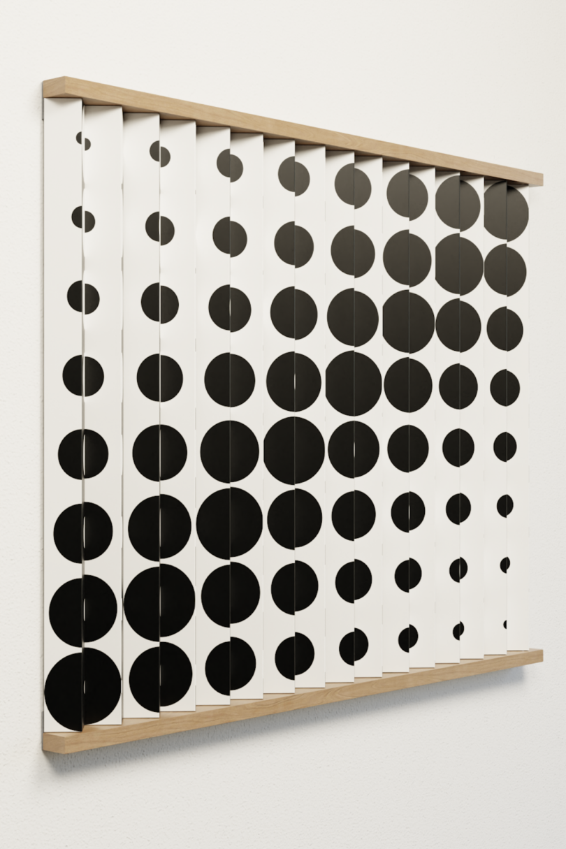 Rectangular wall-mounted artwork with vertical white slats featuring a pattern of black dots that change in size and position across the surface