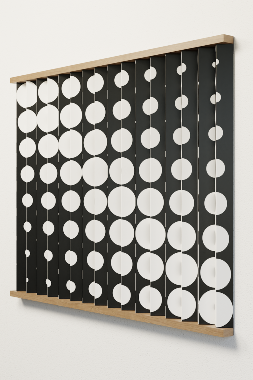 A wall-mounted artwork features vertical black and white slats with a pattern of large and small white circles forming a geometric, optical illusion effect