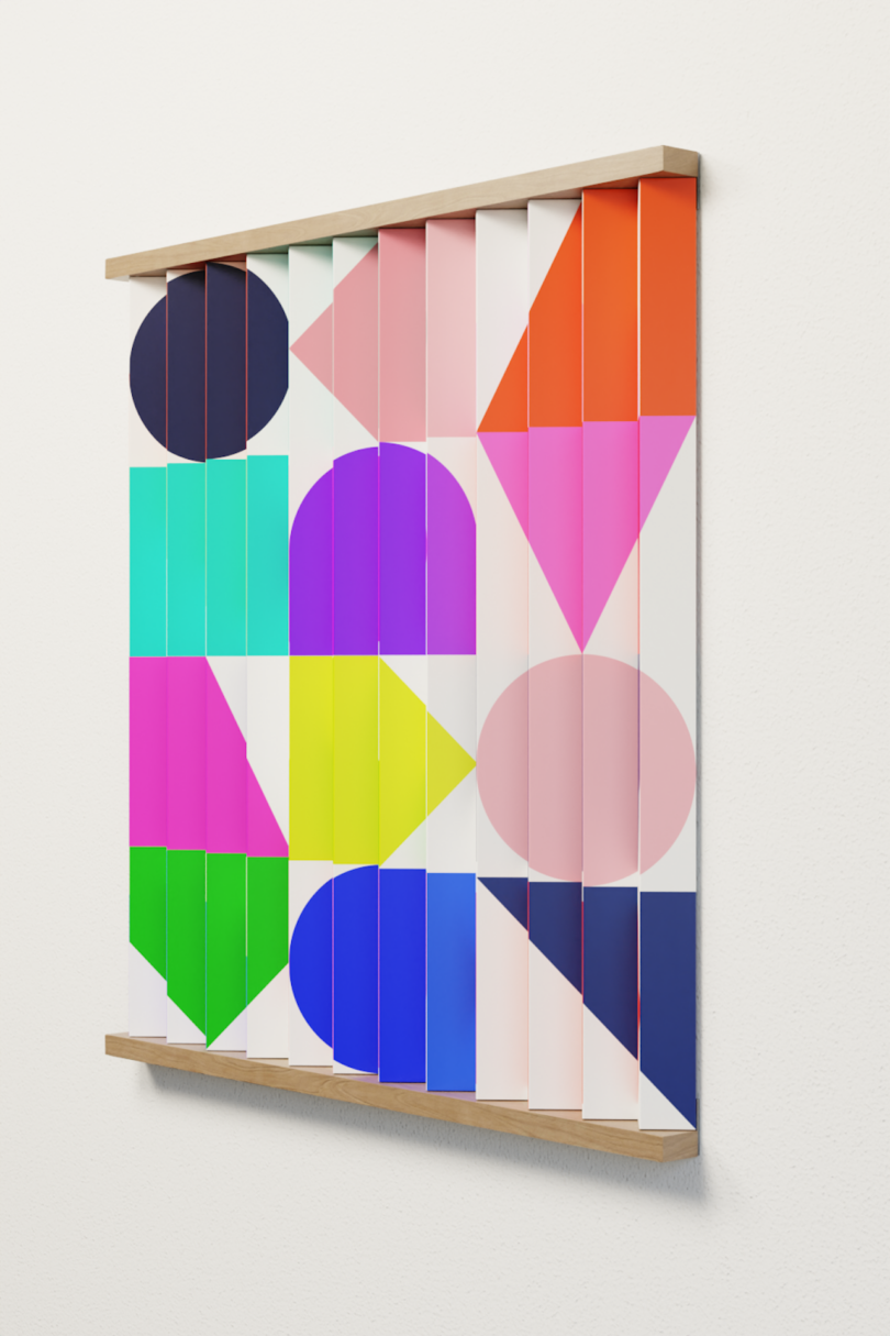 Rectangular wall artwork with colorful geometric shapes, including circles, triangles, and rectangles arranged vertically on slats within a wooden frame