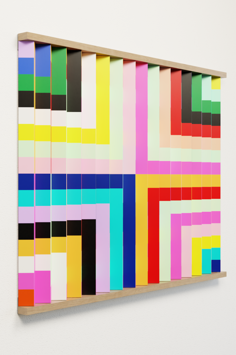 A wall-mounted artwork featuring rows of colorful, vertical rectangular panels arranged in a geometric, grid-like pattern with intersecting lines and bold, contrasting colors