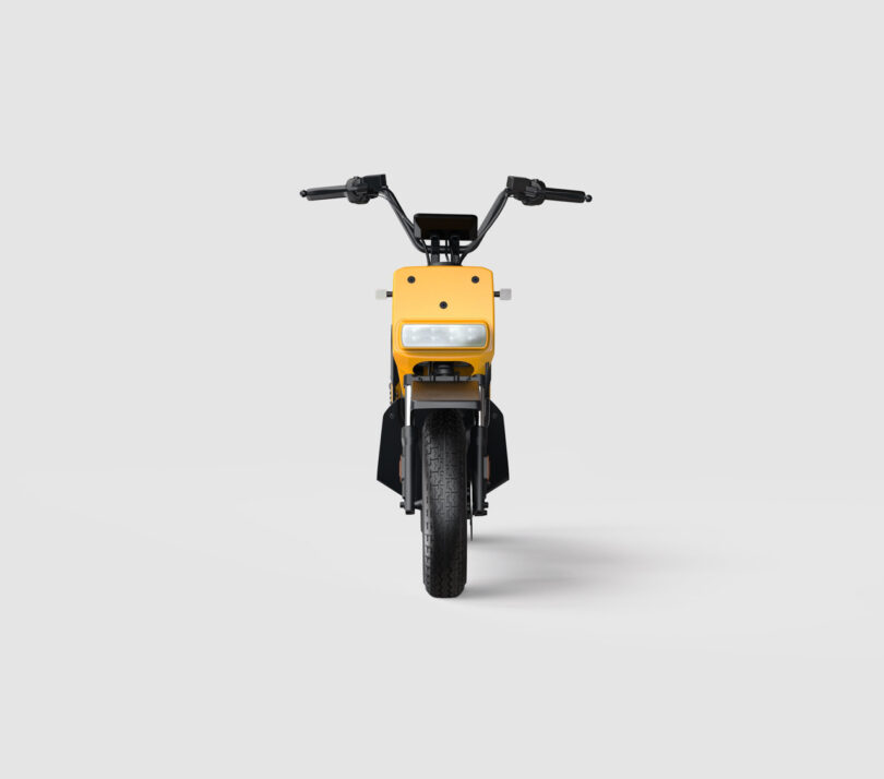 Front view of a yellow electric scooter with a rectangular headlight and straight handlebars on a plain white background.