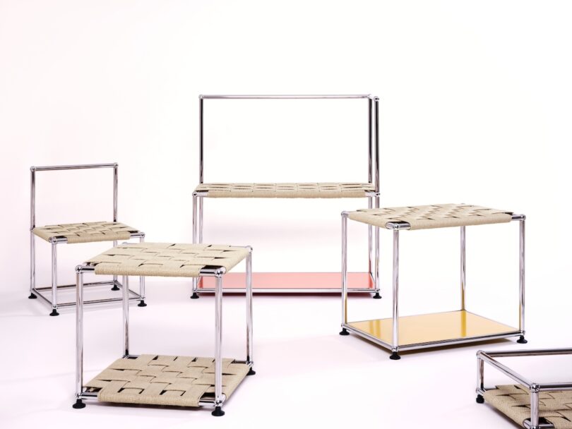 Several modern stools and benches with metal frames, woven beige seats, and colored lower shelves are arranged on a white background.
