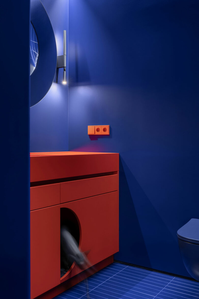 A modern bathroom with blue walls and floor, a round mirror, red vanity with a curved cutout, and a small animal partially visible under the cabinet.