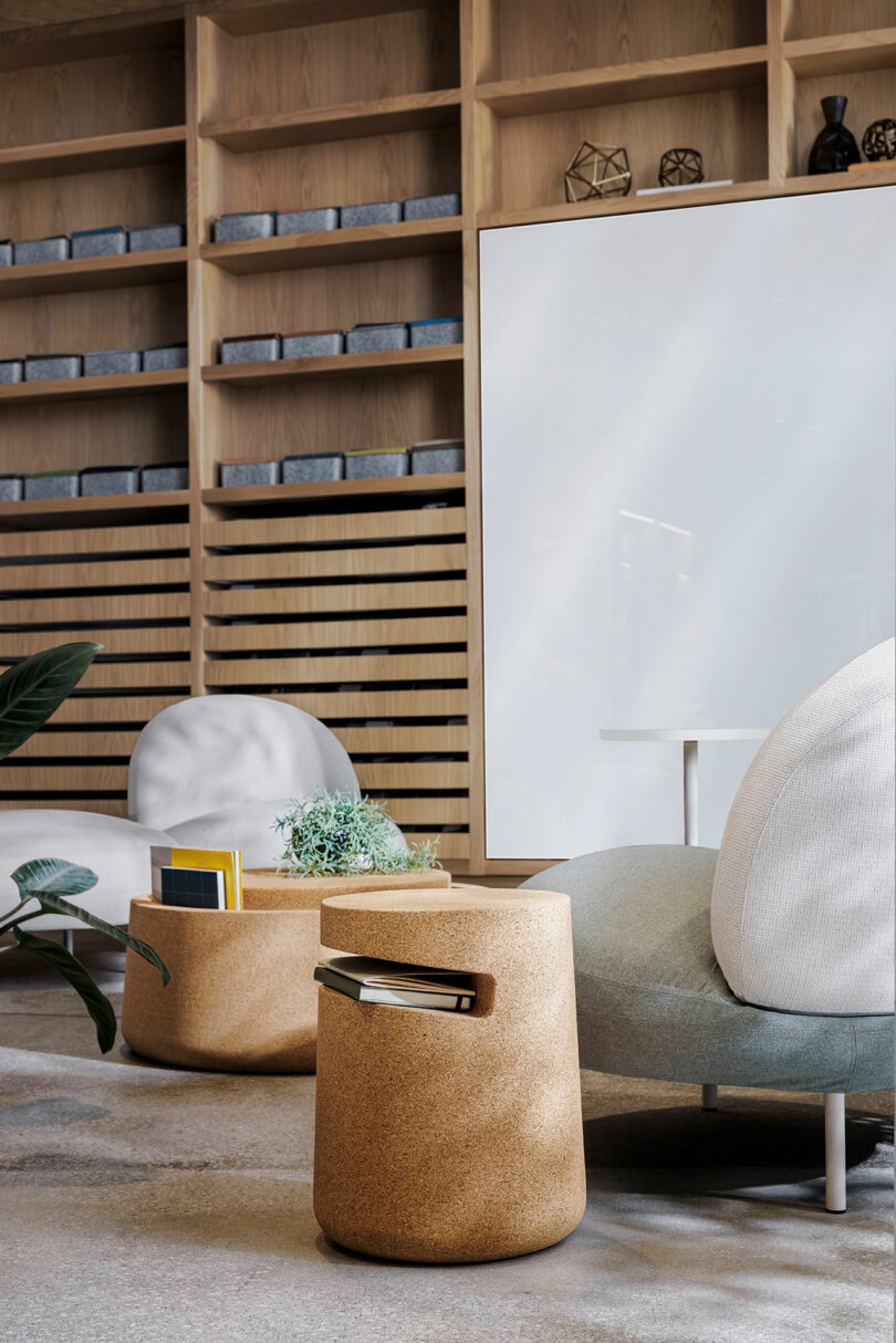 Modern lounge area with light wooden shelves, a round side table with books, a low planter table, and contemporary seating in neutral tones.