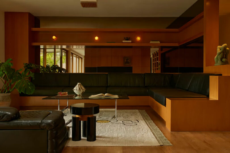 A modern Willett living room with black leather seating, a low black coffee table, a white rug, potted plants, wooden paneling, and warm ambient lighting.