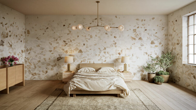 A minimalist bedroom with abalone-patterned wall, a wooden bed, beige bedding, two nightstands with lamps, a dresser, potted plants, and a modern ceiling light