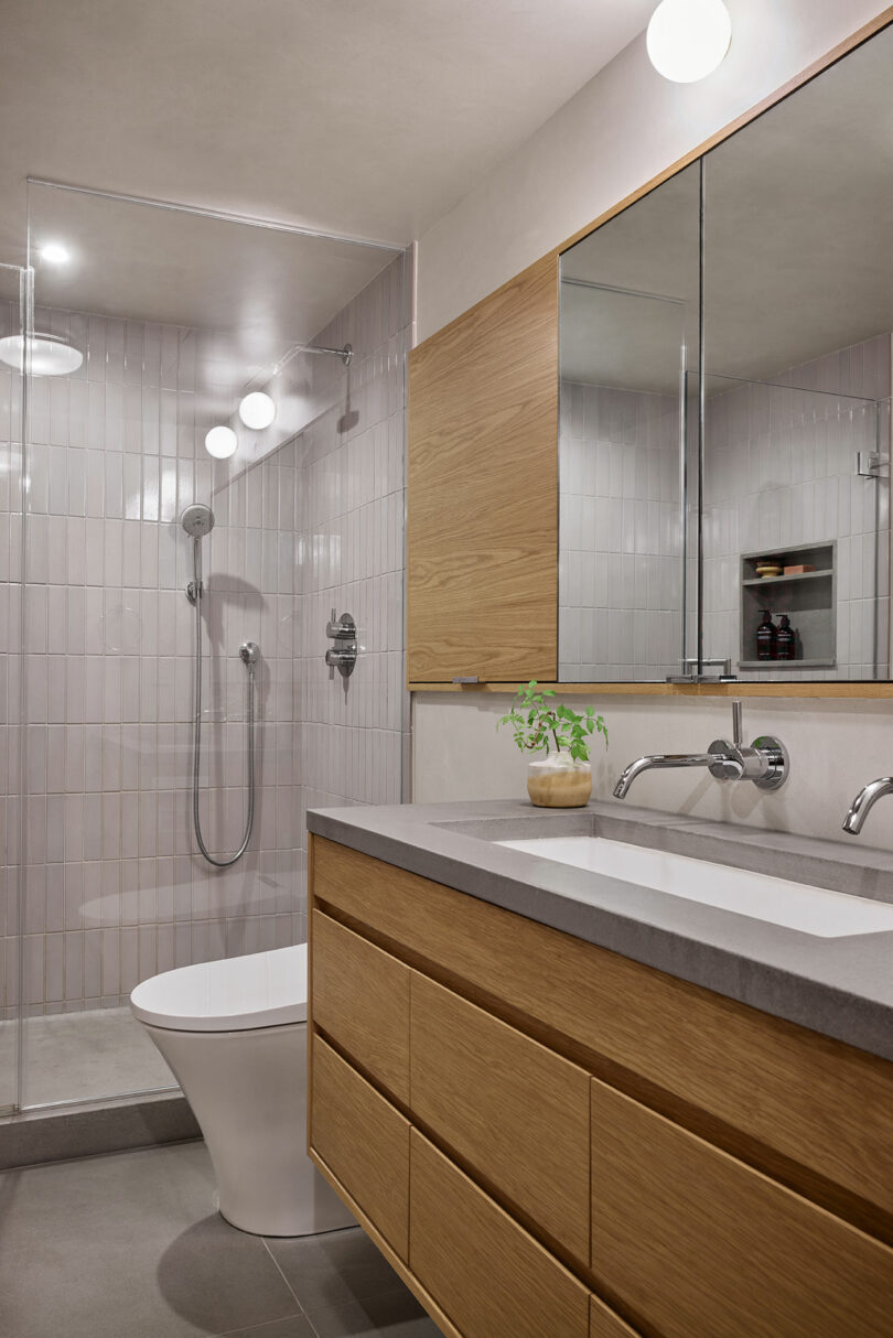Baño moderno con tocador de madera, encimera gris, espejo grande, ducha de vidrio y una planta en maceta en el mostrador.