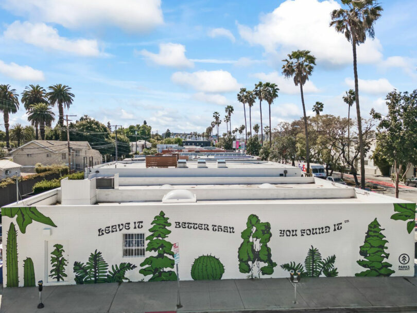 A white building features a mural by David Kaul with green plants and the words "LEAVE IT BETTER THAN YOU FOUND IT" painted on the side; palm trees and houses are in the background.