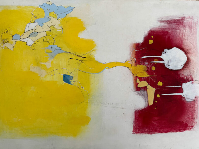 Abstract painting by Tyler Kobick featuring a yellow area on the left, red on the right, and interconnected shapes and lines flowing between them—including two white skull-like forms on the red side.