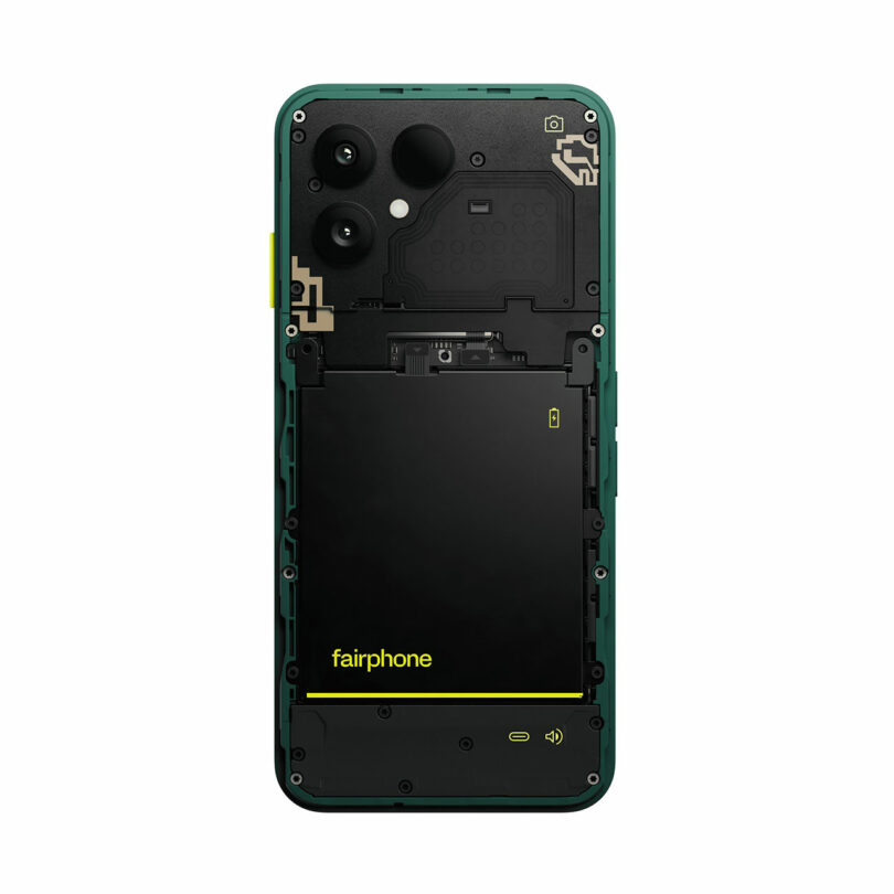 A Fairphone with its back cover removed reveals the internal components and distinctive Fairphone battery, all displayed on a white background.