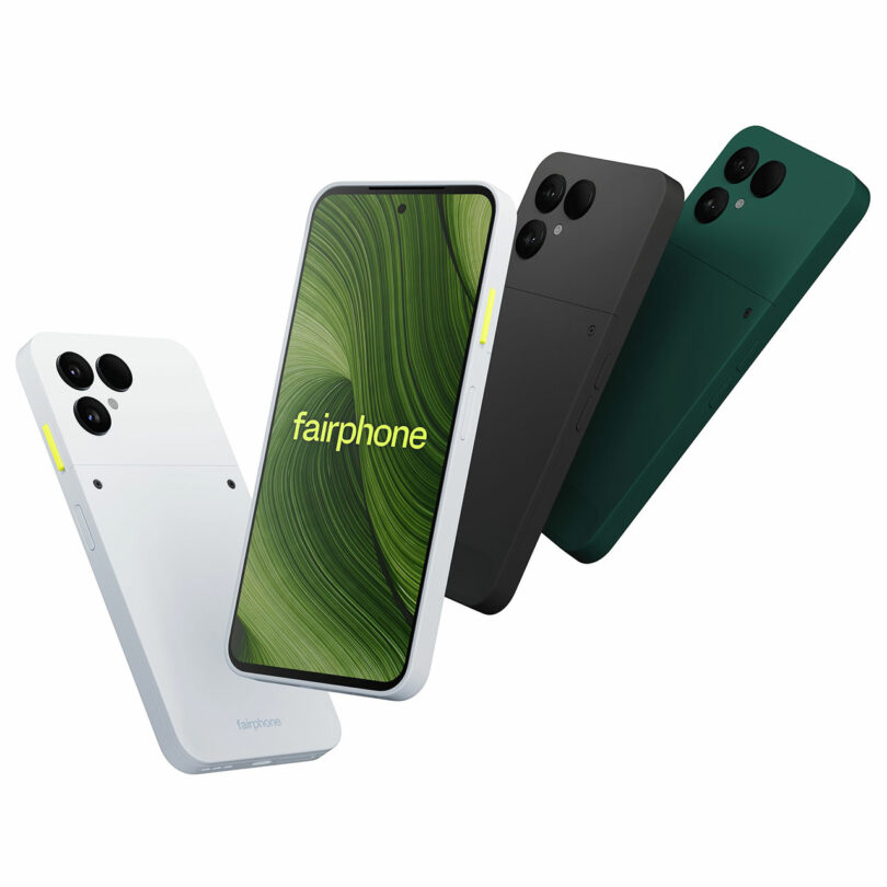 Four Fairphone smartphones are displayed in white, black, and green colors, with one Fairphone showing a screen that reads "fairphone" over a green leaf background.