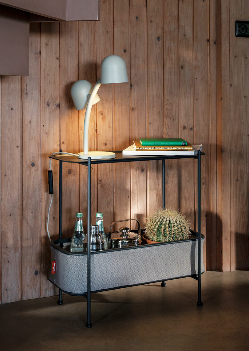 A small side table with a lamp, books, two glass bottles, a teapot, and a potted cactus against a wooden wall.