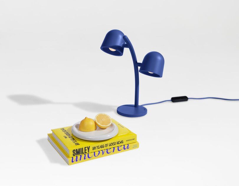 A blue double-headed desk lamp, a plate with lemon and lemon half, and two stacked yellow books are arranged on a white surface.