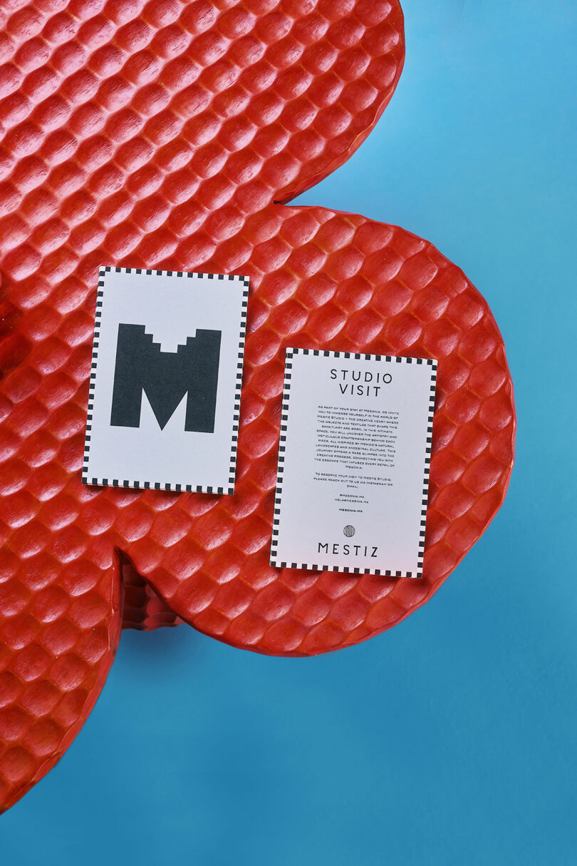 Two black and white design tickets are placed on red, texture in the form of a blue background bloom.