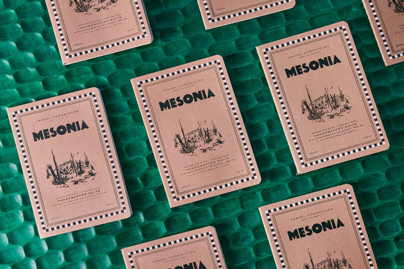 Some brown brochures marked "Mesonia" They are placed on a green textured surface. Each cover contains a black illustration and text within the decorative border.