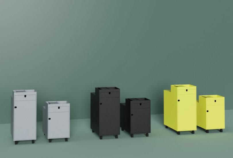 Three pairs of wheeled storage cabinets in gray, black, and yellow are arranged in a row against a green background.