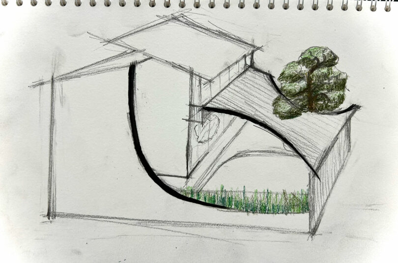 Architectural sketch of a modern building with curved elements, a sloped roof, a patch of grass, and a tree, drawn in pencil and colored pencil.