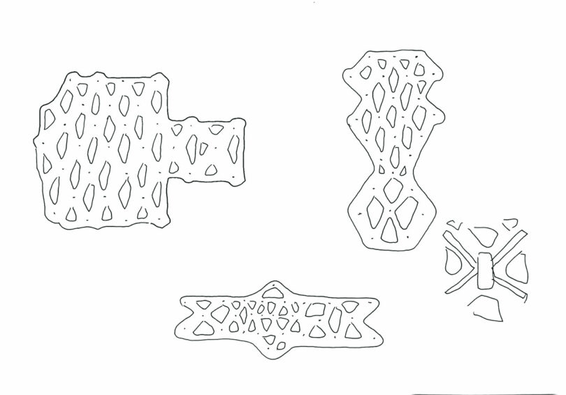 Four outlined geometric shapes with irregular diamond-shaped cutouts are displayed on a plain white background.