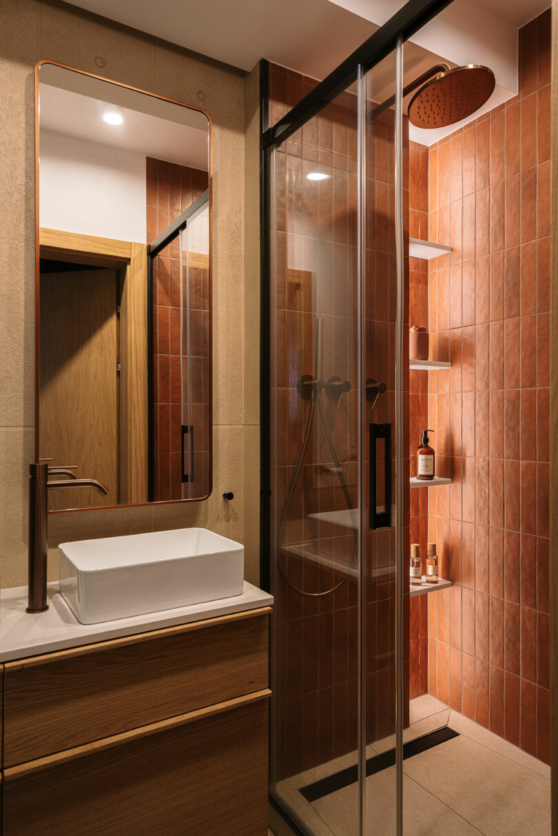Modern bathroom with a rectangular sink, wood vanity, large mirror, and a glass-enclosed shower featuring vertical brown tiles and built-in shelves.