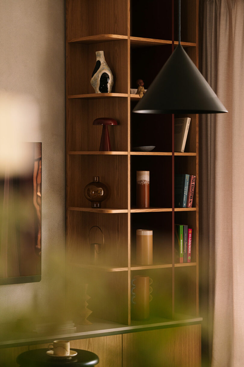 Wooden shelving unit with assorted vases, books, and decor objects, partially obscured by blurred greenery in the foreground and a black pendant light hanging in front.