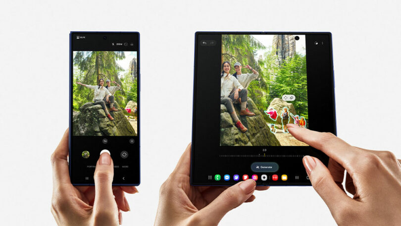 Two hands hold Samsung foldable smartphones; one screen shows a photo being taken, while the other displays the same image being edited with digital stickers.
