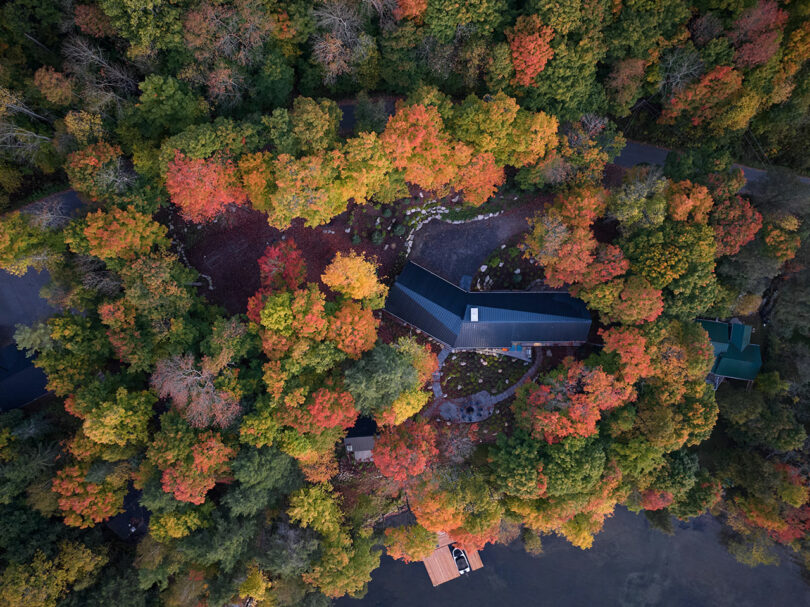 Aerial view of a house surrounded by dense, colorful autumn trees next to a body of water, with a dock extending from the shore.