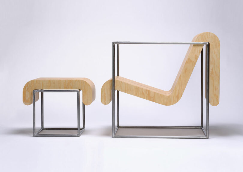 A modern chair and stool set made of bent plywood and metal frames, featuring geometric cube-shaped bases and minimalist design.
