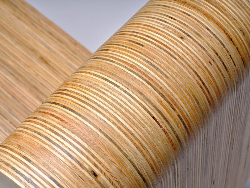 Close-up view of layered plywood with visible wood grain, showing curved and straight edges in a smooth, polished finish.
