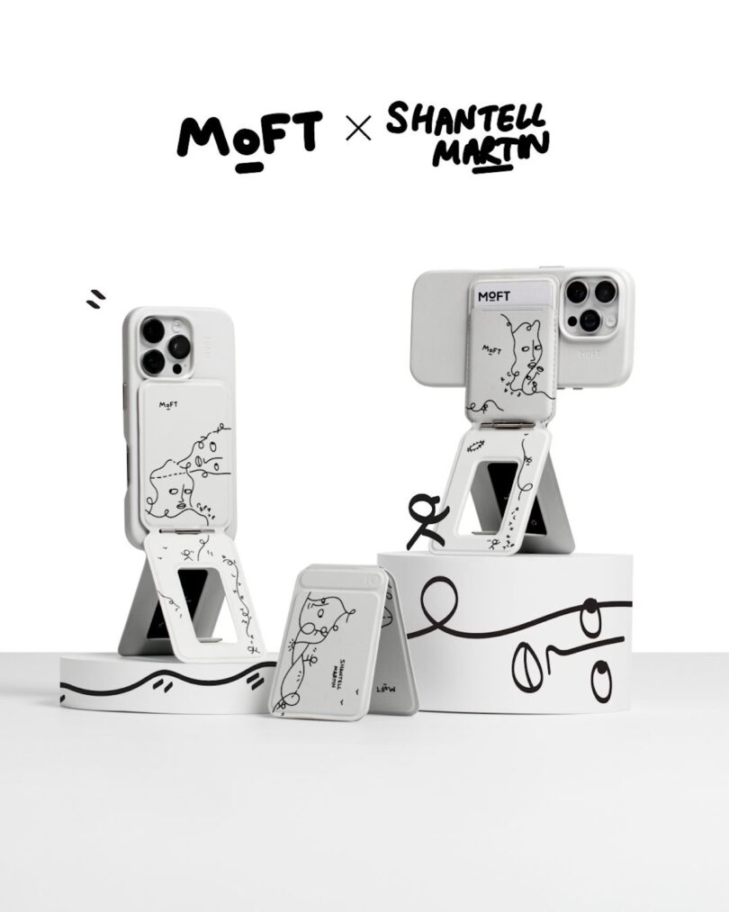 Two smartphones showcasinng black linework illustrated on white MOFT cases and stands, displayed upright and folded; black text of “MOFT x Shantell Martin” at the top