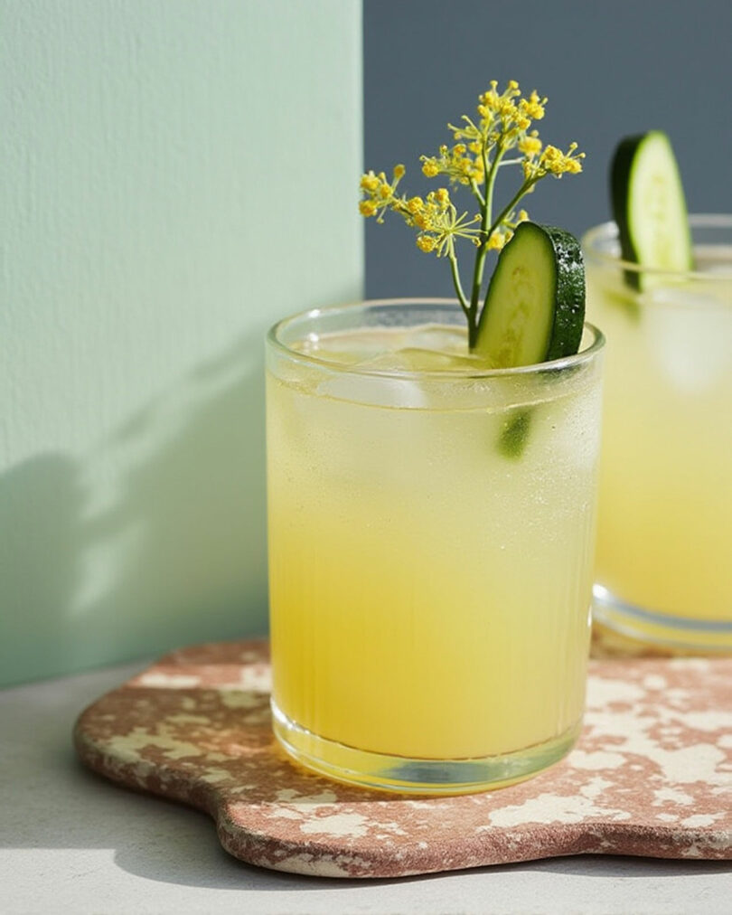 A glass of yellow iced drink garnished with a cucumber slice and a sprig of yellow flowers, placed on a marbled board.