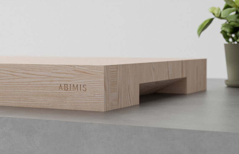 A light wood block with the word "ABIMIS" engraved on the side rests on a gray surface next to a small potted green plant