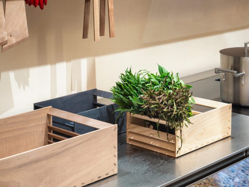 A bunch of fresh herbs in a wooden crate sits on a stainless steel countertop beside two empty wooden crates in a kitchen setting