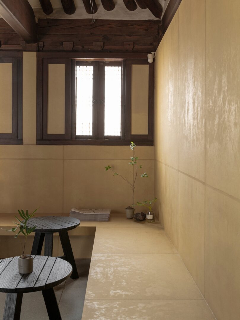 A minimal room with beige walls, a wooden window, two black round tables, and small potted plants placed on the bench and tables.