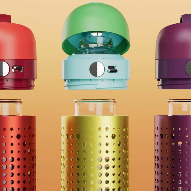 Three glass bottles with perforated silicone sleeves in red, yellow, and purple stand beneath matching colored caps against a beige background