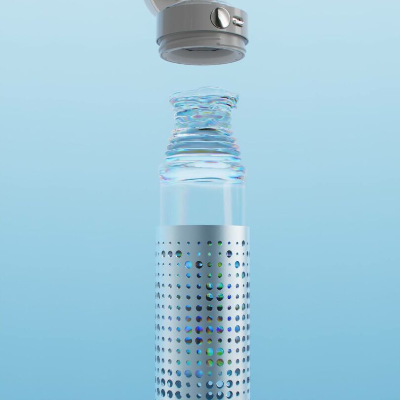 A metallic bottle with a detachable cap floats above its neck, revealing a wavy glass opening, against a blue gradient background