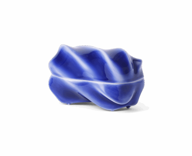A single blue and white tray with lid isolated on a white background.