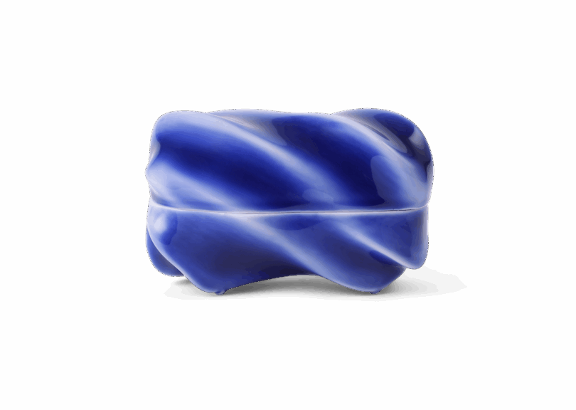 A single blue and white tray with lid isolated on a white background.