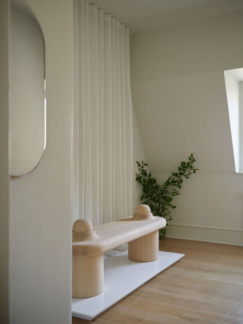 A minimal room with light wood flooring, a sculptural wooden bench on a white platform, a leafy plant in the corner, and white floor-to-ceiling curtains