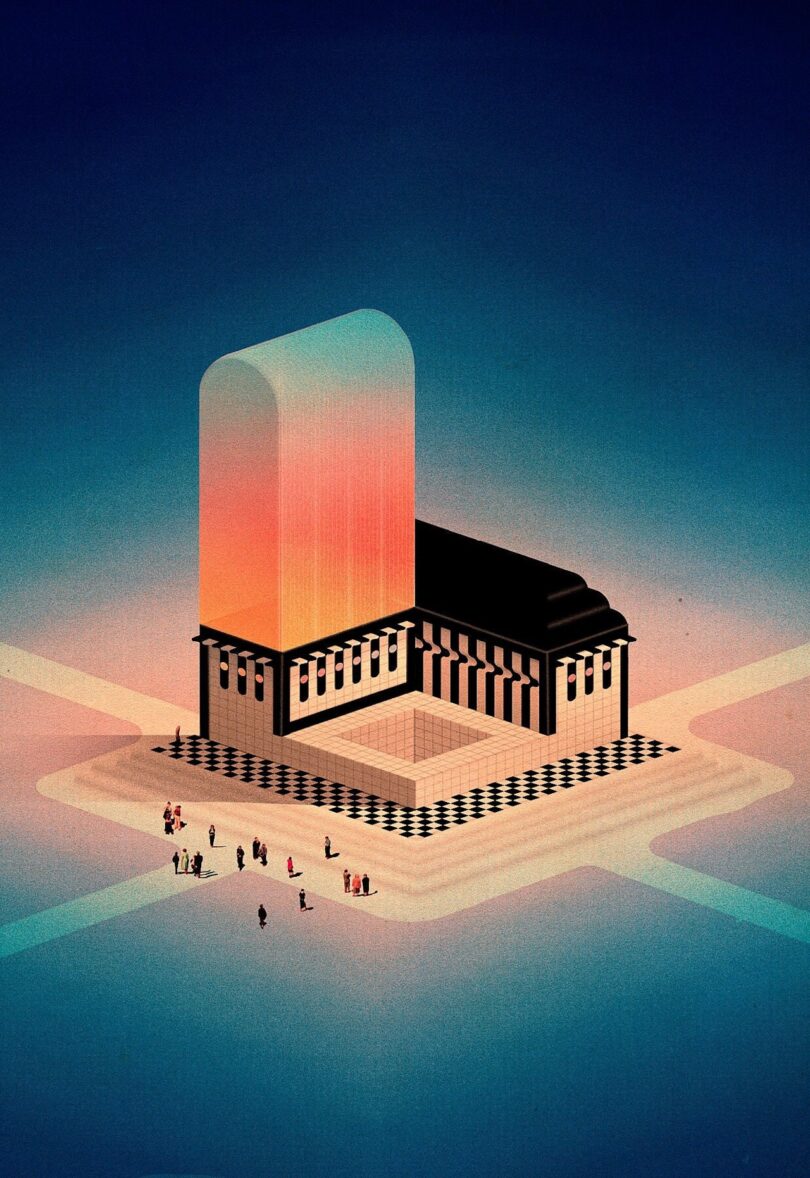 Illustration eines Gebäudes mit klassischer Architektur und einer großen, rechteckigen Gradientenstruktur basierend auf seinem Dach, umgeben von kleinen Gruppen von Menschen
