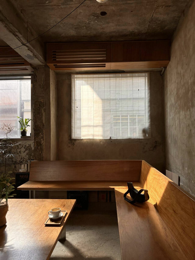 A sunlit room with concrete walls, a wooden bench, and a table with a cup of coffee channels Maha Alavi’s minimalist aesthetic. A camera rests on the bench near a window adorned with sheer curtains.
